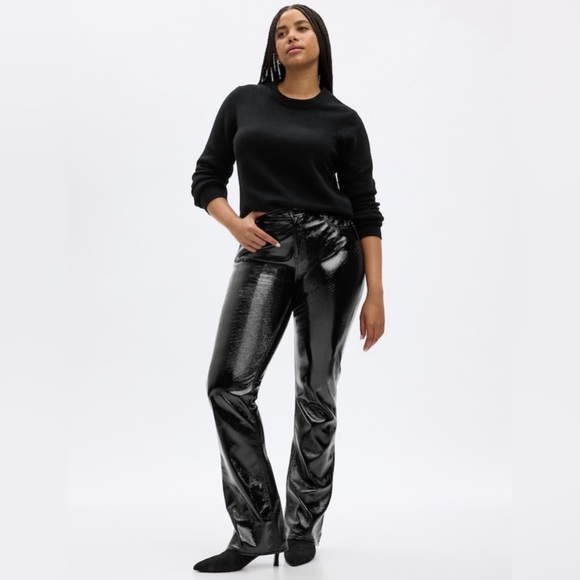 The Gap Mid Rise Black Vegan Patent Leather Baby Boot Pants 32/14 NEW - Picture 1 of 3